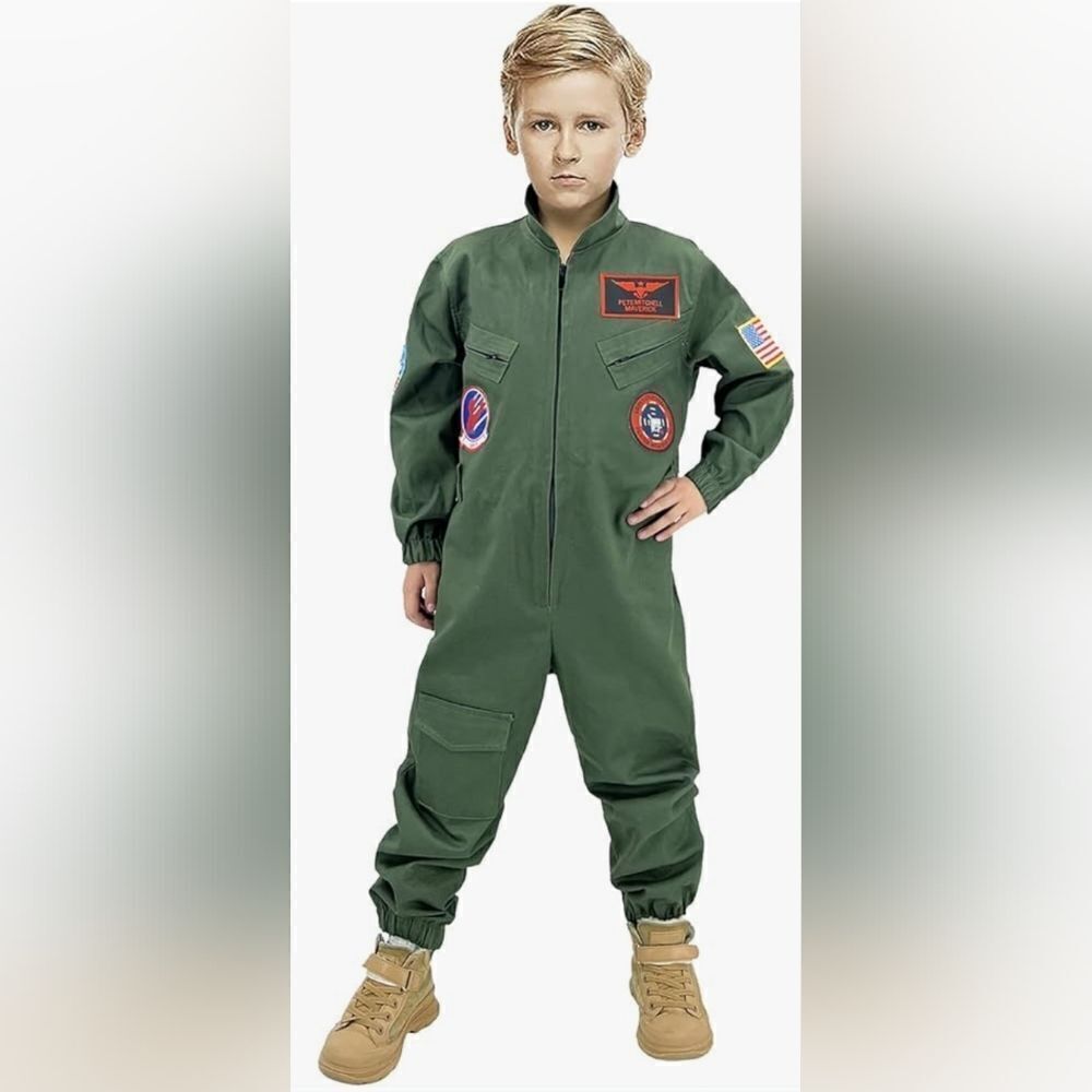 Green Pilot Top Gun Military Jumpsuit Halloween Costume Boys Size Large